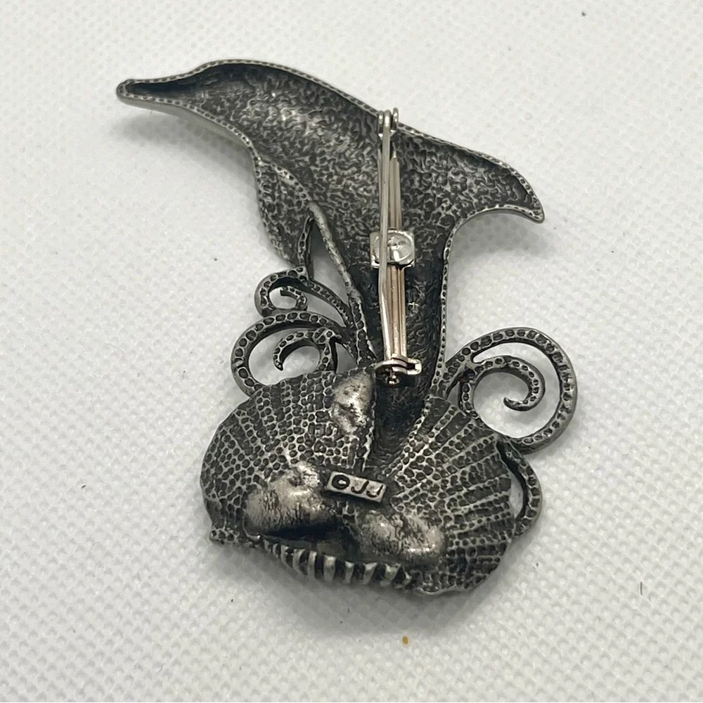 Vtg JJ Jonette Jewelry Jumping DOLPHIN Purple Glitter Shell Pewter Brooch Pin 3”